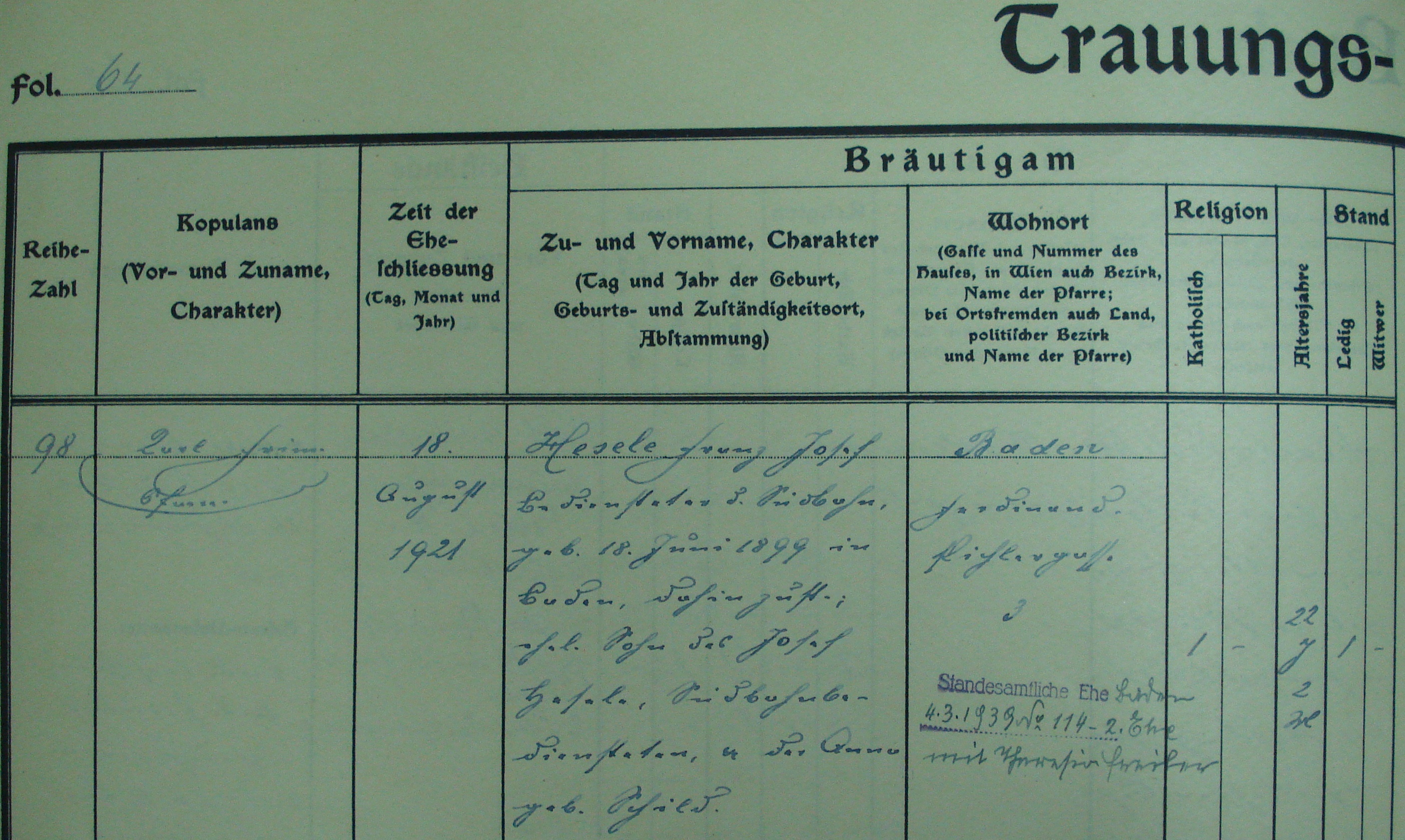 1921 Trauungseintrag Hesele Franz Josef und Mozny Maria, Seite 1