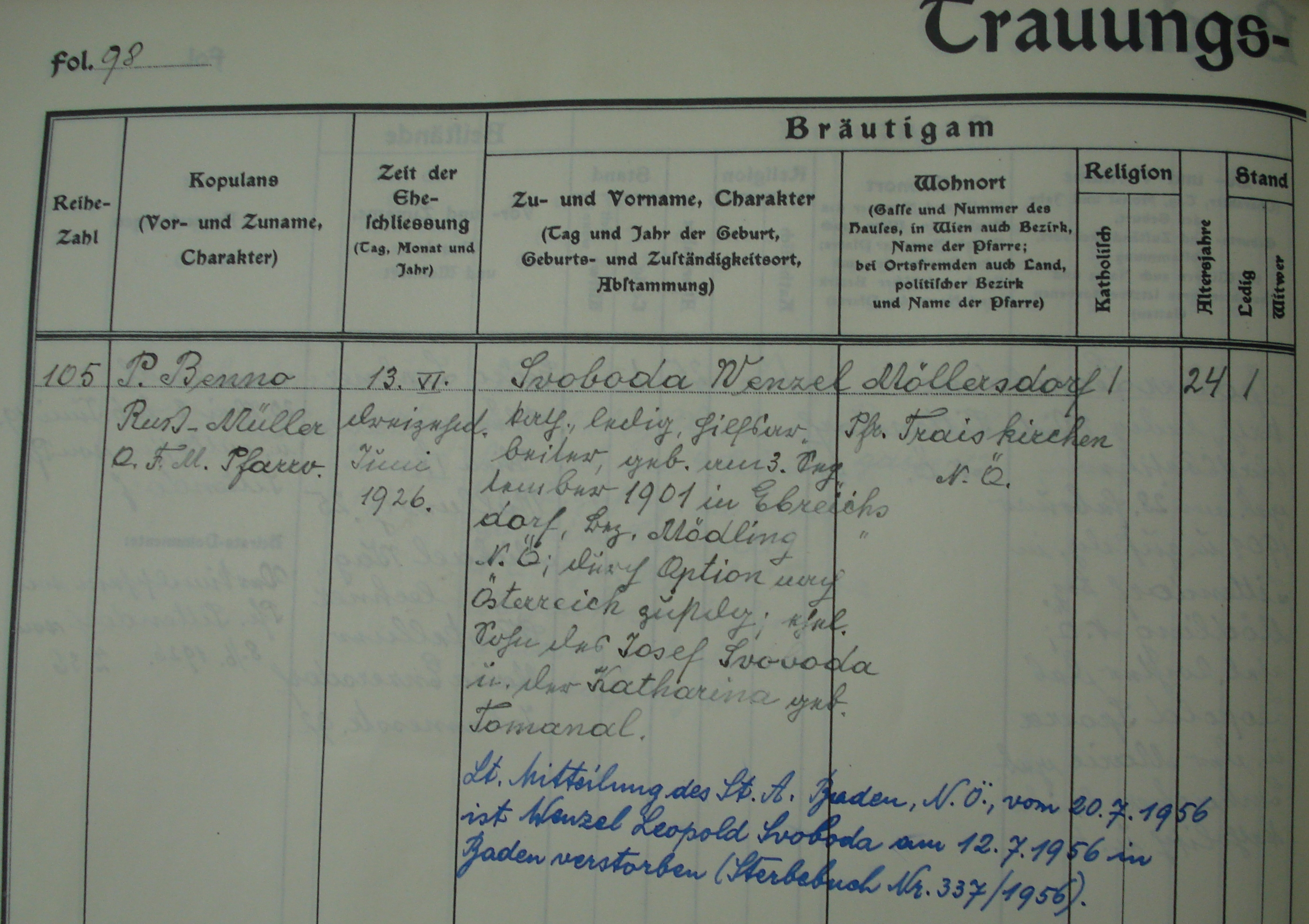 1926 Trauungseintrag Svoboda Wenzel Leopold und Prechtl Katharina Maria, Seite 1